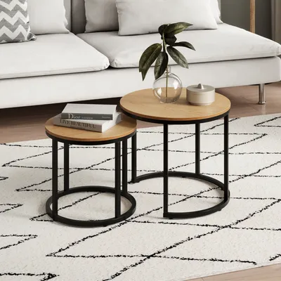 Image de Table basse set de 2 en bois, Table de salon Moderne, Ronde en chêne clair, pour le salon