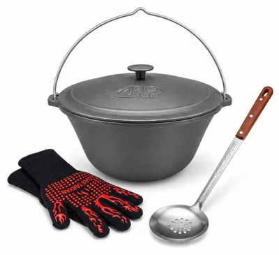 Produktbild von Gulaschkessel 10 L aus Gusseisen mit Gusseisendeckel, Schaumlöffel und Grillhandschuhe - Kazan Kessel Schwenktopf Campingtopf