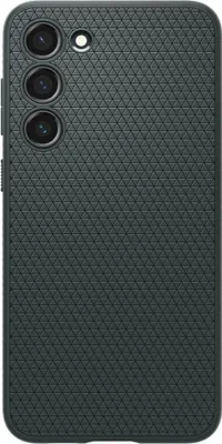 A close-up, straight-on view of the back of a dark green smartphone case with a textured triangular pattern.