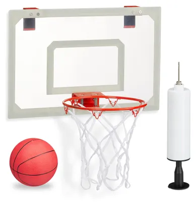 Produktbild von Relaxdays Basketballkorb fürs Zimmer, Set mit Ball & Luftpumpe, Backboard zum an die Tür hängen, ohne Bohren, mehrfarbig