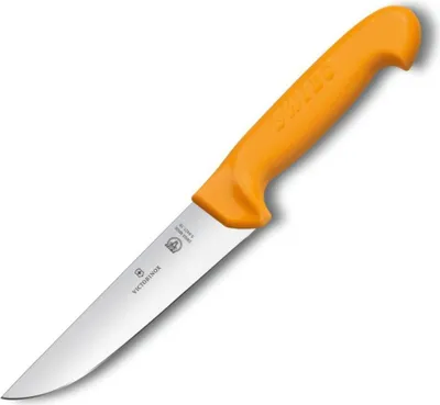 A professional studio shot of a kitchen knife with an orange handle against a white background.