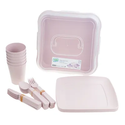 Zdjęcie produktu dla Hob031289 Zestaw Piknikowy 32 Elelementy Kubki Sztućce Pojemnik Talerze Plastikowe