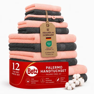 Produktbild von Betz 12-TLG. Handtuch-Set Palermo 100% Baumwolle 2 Liegetücher 4 Handtücher 2 Gästetücher 2 Seiftücher 2 Waschhandschuhe Farbe apricot und anthrazit