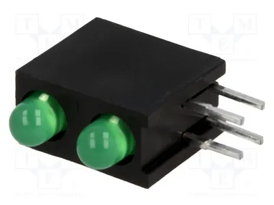 Image de 2 LED. Nombre de diodes : 2. Courant : 20 mA. Dimensions : 3 mm. Couleur du boîtier : vert. Lentille : diffuse, verte. Référence : L-934DB/2GD. Type : LED