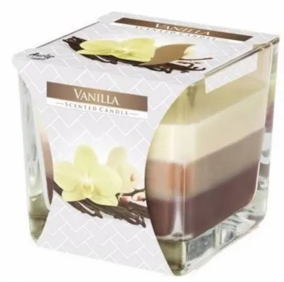 Obrázok produktu pre Sklo hranol 80x80 mm ~32h Vanilla trojfarebná vonná sviečka