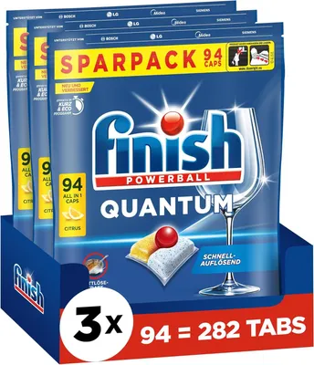 Produktbild von Finish Quantum Citrus Spülmaschinentabs - Geschirrspültabs für kraftvolle Reinigung, Fettlösekraft und Glanz - Sparpack mit 282 Tabs (3 x 94 Tabs)
