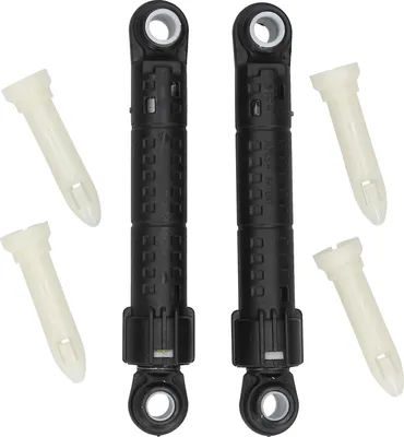 Two black washing machine shock absorbers with four white plastic mounting pieces are arranged on a white background.
