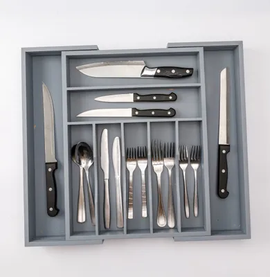 Produktbild von Decopatent Ausziehbarer Besteckkasten - Besteckschublade - 7 Fächer -> Ausziehbar auf 9 Fächer - Besteckorganisation - Bambus - Grau