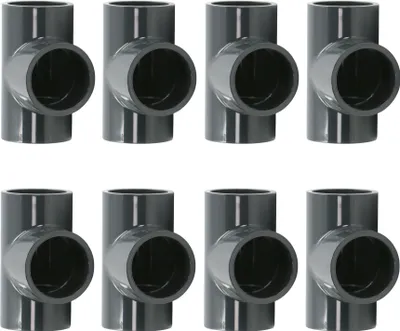 Produktbild von HAF 8x PVC Fittings T-Stück 90° mit 50mm | Klebemuffe x Klebemuffe x Klebemuffe | Verbinder aus grauem PVC-U | PN16 für PVC Rohr und Poolverrohrung