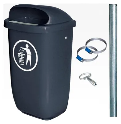 Produktbild von Abfallbehälter für den Außenbereich, 50 Liter, gemäß DIN 30713, im Set mit verzinktem Rohrpfosten und Schellen (anthrazit)