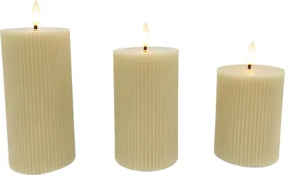 Obrázok produktu pre LED sviečky Relaxdays, sada 3 ks, 3 veľkosti, blikajúci plameň, pravý vosk, s drážkami, elektrické sviečky bez plameňa, béžové