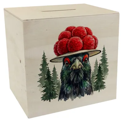 Produktbild von Auerhahn mit Bollenhut Spardose aus Holz Schwarzwald Motiv