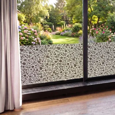 Obrázok produktu pre Fólia na ochranu súkromia – ČIERNE KVETY – Nálepka na okná a sprchové dvere – 40 x 100 cm