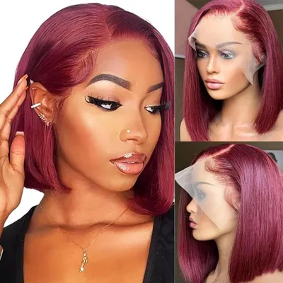 Produktbild von Burgundy Rote Bob Perücke 12 Zoll - 100% Menschenhaar - 13x4 Lace Front - 180% Dichte