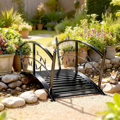 Produktbild von Gartenbrücke Metall mit Weinlaub-Geländer, Teichbrücke Zierbrücke Antik-Optik, Metallbrücke | 120 x 51 x 47 cm | bis 100 kg | Schwarz