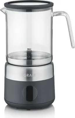 Produktbild von GRAEF MS802EU - Elektrischer Milchaufschäumer de Milch, bis zu 500 ml de Milchschaum in Barista-Qualität, abnehmbare de Glaskaraffe, 5 Programme, Abschaltautomatik, Touchscreen, Farbe schwarz