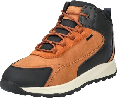 A single brown and black high-top boot is shown against a white background.