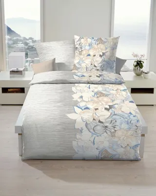 Produktbild von Kaeppel Mako-Satin Bettwäsche Pogonia Blumen Streifen Koralle 100% Baumwolle Reißverschluss Bettbezug Kissenbezug Bettgarnitur 155x220 cm Taube