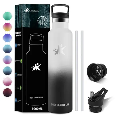 Image de Thermos en acier inoxydable, 1 litre, sans BPA, avec paille, pour boissons gazeuses