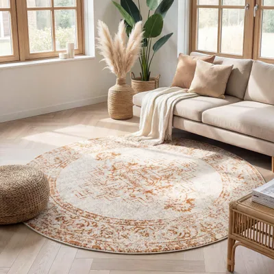 Produktbild von Volero - Teppich Vintage Rund - Spring Ethnic Creme Terra - Ø 120 cm - Wohnzimmer, Esszimmer, Schlafzimmer - Boho, Klassik, Ländlich, Orientalisch