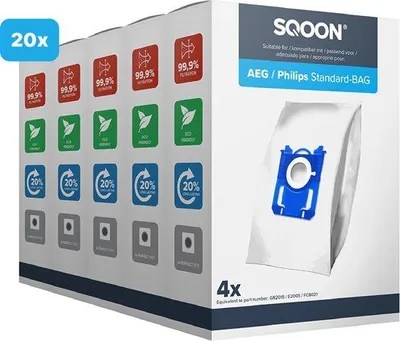 Productafbeelding van SQOON® Stofzuigerzakken geschikt voor AEG / Electrolux / Philips Standard-BAG | 20 stuks