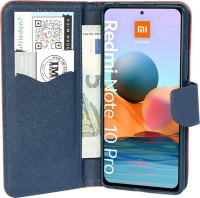 Produktbild von cofi1453® Buch Tasche "Fancy" kompatibel mit XIAOMI REDMI NOTE 10 PRO Handy Hülle Etui Brieftasche Schutzhülle mit Standfunktion, Kartenfach Rot-Blau