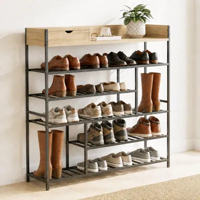 Produktbild von DanDiBo Schuhregal Platzsparend Metall Schwarz Modern 6 Etagen 100 cm mit Ablage 96701 Schuhständer mit Stauraum Schuhablage Schuhaufbewahrung Regal Shoe Rack