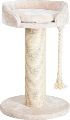 A cat tree with a scratching post and a perch.