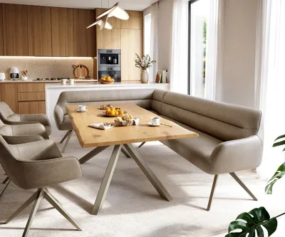 Produktbild von DELIFE Esszimmerbank Taya-Flex 285x190 cm Mikrofaser Beige Vintage Kreuzgestell kantig Effektfinish Titan Taschenfederkern Rechts