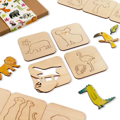 Produktbild von Holzschablonen zum Zeichnen für Kinder, Set mit 20 Stück 9,5x9,5cm Dschungel Savanne, Montessori Lernspielzeug Vorlagen Kreative