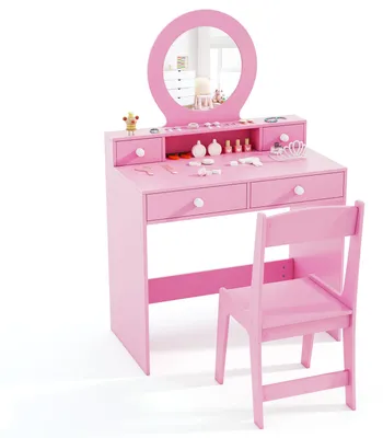 Immagine prodotto di COSTWAY Set da trucco 2 in 1 per bambini, tavolino da trucco per bambini con sgabello, specchio, ripiano e 4 cassetti, tavolino da toeletta, tavolino per cosmetici per bambini dai 3 anni in su