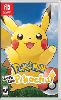 The cover art for the Nintendo Switch game 'Pokémon - Let's Go, Pikachu!' featuring Pikachu and a Poké Ball against a sky and grassy background.