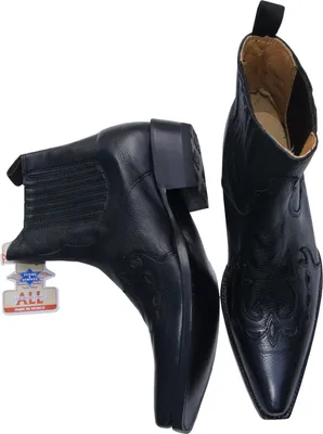 A pair of black leather ankle boots shown against a white background.