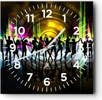 Produktbild von Wanduhr - Quadrat - Glasuhr - Disco Musik Tanz Spaß - 30x30cm - Schleichendes Uhrwerk - Lautlos - zum Aufhängen bereit - Dekoration Modern - Wanddekoration aus Glas - C4AC30x30-2580