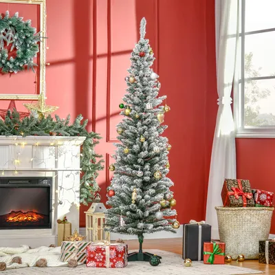 Zdjęcie produktu dla Sztuczna choinka z efektem śniegu, składana, w kształcie kolumny, gałązki z PVC pokryte śniegiem, zielono-biała | 55 x 180 cm | 390 gałązek | metalowa podstawa