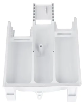 A white plastic detergent dispenser drawer for a washing machine.