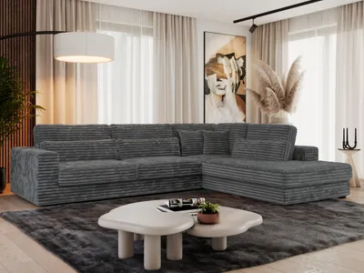 Produktbild von MKS MEBLE Ecksofa Sofa L-Form Grau Struktur, Wohnlandschaft L-Form, Couch L Form, Sofagarnitur Couchgarnitur Polsterecke, Breite: 316 cm - Savona L - Dunkelgrau Cord - Rechts