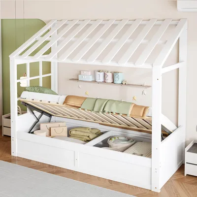 Produktbild von Merax Kinderbett im Landhausstil 90 x 200cm mit Dach und Fenster, Hausbett mit hydraulischem Stauraum, Holzbett mit seitlichen Staufächern, Weiß