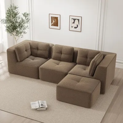Produktbild von Rahmenloses L-förmiges Ecksofa mit Ottomane, modulares Cordsofa braun, 3-Sitzer mit tiefer Sitzfläche, ohne Aufbau, 297x177x69 cm