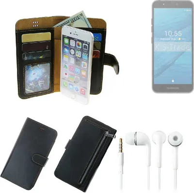 Produktbild von TOP SET Handy Hülle Schutz Hülle kompatibel mit Fairphone Fairphone 3  schwarz aus Kunstleder + Kopfhörer Smartphone Tasche vollwertige Geldbörse