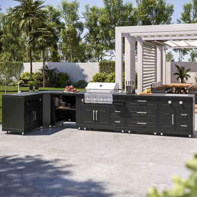 Image de Cuisine d'extérieur angle 6 éléments dont 2 modules de cuisson/évier - Oviala Memphis