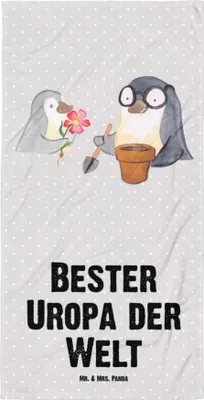 Produktbild von Mr. & Mrs. Panda Strandtuch Pinguin Bester Uropa der Welt - Grau Pastell - Geschenk, Badelaken, Enkel, Großes Badehandtuch, Duschtuch, Enkelkind, Mitbringsel, Opa