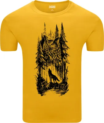 Produktbild von Diarbo Herren T-Shirt mit Aufdruck Wildtierporträts Wolf und Eule Gelb Gr.XL