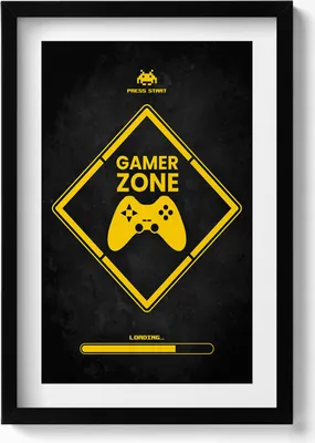 Produktbild von Beschriftung für das Zimmer des Spielers „Gamer zone“.– Wandbild mit Rahmen – Gerahmtes Bild  – Wanddekoration – 40x60 cm –  Schwarz