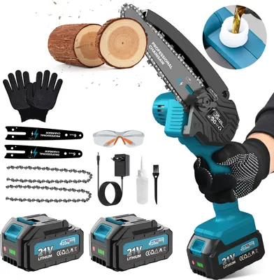 Immagine prodotto di Motosega mini con batteria da 6", 8000mAh, Motosega a batteria 900W per potatura, lavorazione del legno e progetti fai da te