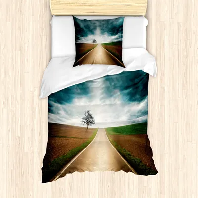 Produktbild von ABAKUHAUS Landschaft Mantele, Straßen-Reisen Wolken, Milbensicher Allergiker geeignet mit Kissenbezügen, 135 cm x 200 cm - 80 x 80 cm, Teal Brown