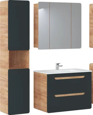Produktbild von Badmöbel Set ARUBA COSMOS – EICHE-S 80 mit Waschbecken Matt Soft-Close  Waschtisch Spiegelschrank Hochschrank