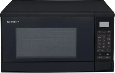 A black Sharp microwave oven is shown from the front.