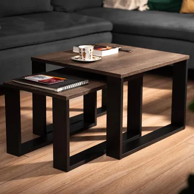 Image de Ensemble de 2 tables d'appoint avec plateau en bois