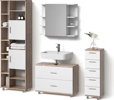 Image de Ensemble meubles bain Livinity Eisak Blanc/Sonoma 4 pièces, avec armoire haute, Model 52584